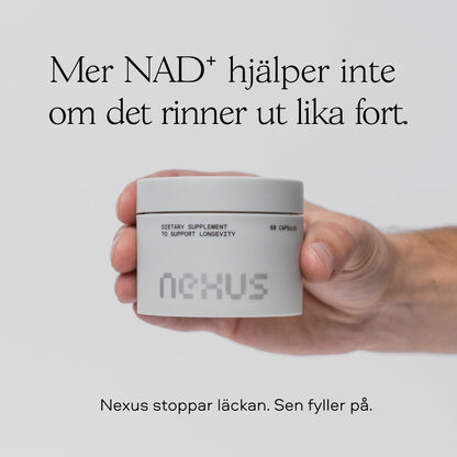 Hand som håller Nexus NAD⁺-burk — att fylla på NAD⁺ räcker inte om kroppen bryter ner det