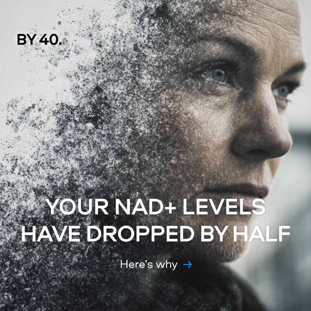 Nexus NAD⁺ — woman's face with dissolving particle effect illustrating NAD⁺ decline by age 40