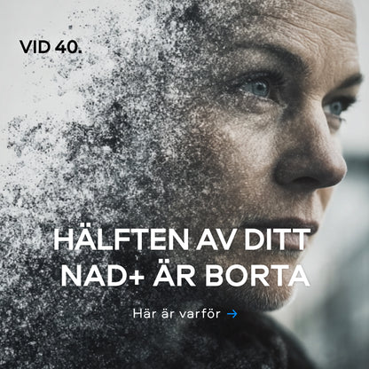 Nexus NAD⁺ — kvinnoansikte med upplösande partikeleffekt som illustrerar NAD⁺-nedgång vid 40 års ålder