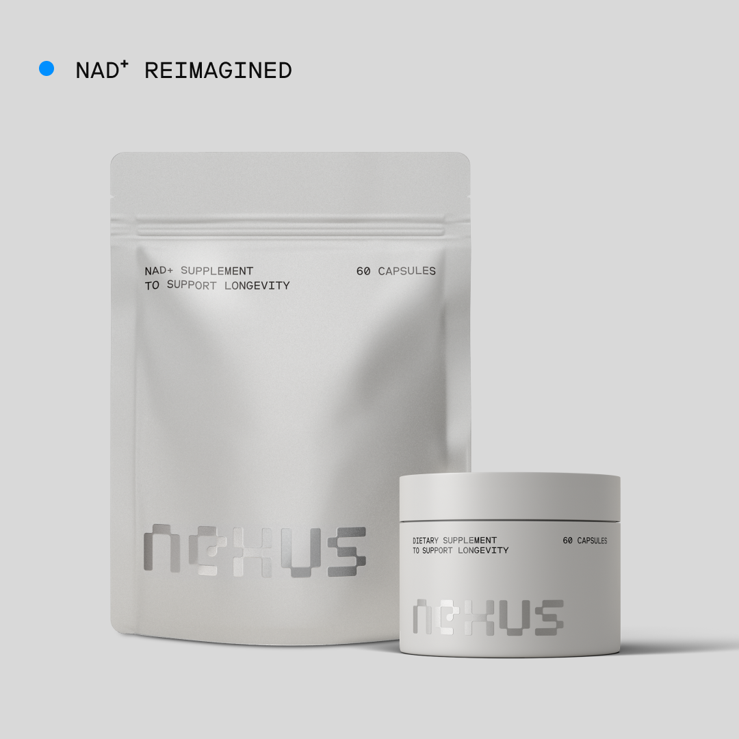 Nexus NAD⁺ supplement — pouch and storage jar, 60 capsules