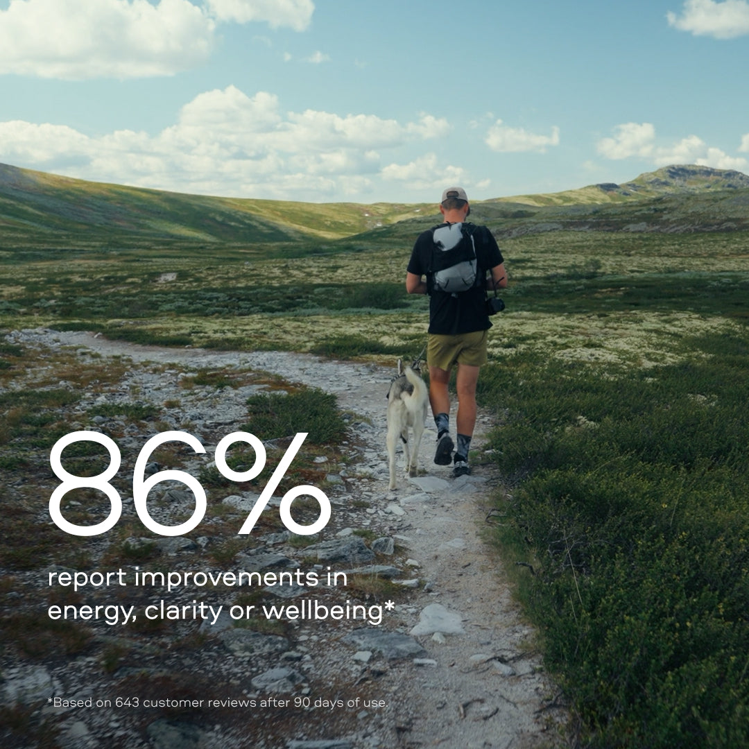 Man hiking in Scandinavian mountains — 86% of Nexus users report improvements in energy, clarity or wellbeing