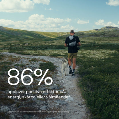 Man på vandring i skandinaviskt fjällandskap — 86% av Nexus användare upplever positiva effekter på energi, skärpa eller välmående